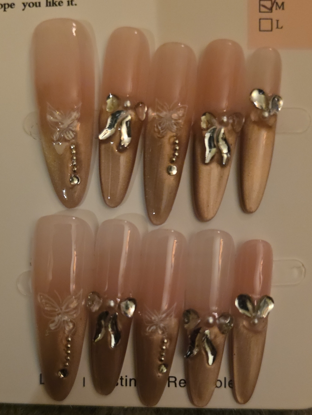 Neutral Pink & Gold Nail Kit with Butterfly Accent Size Med